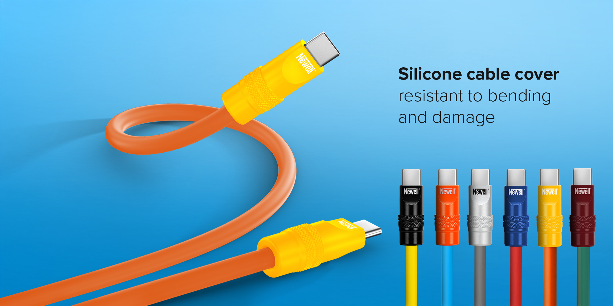 Kabel Newell USB-C - USB-C 100 W, 1,5 m, silikonowy, spiralny, pomarańczowo-żółty